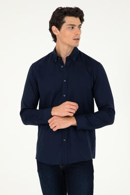 Мужская темно-синяя базовая рубашка с длинным рукавом