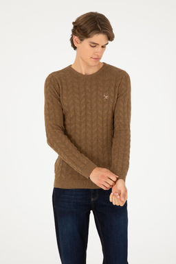 Erkek Slim Fit Bisiklet Yaka Haki Melanj Basic Kazak