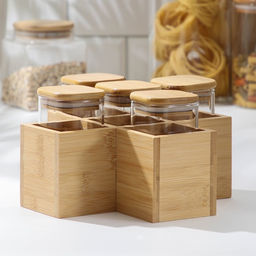 Набор банок стеклянных для сыпучих продуктов с бамбуковыми крышками Эко, 350 мл, на подставке, 5 шт