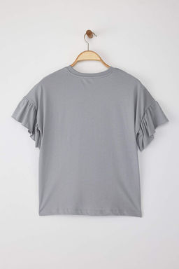 Gri %100 Pamuk F?rf?r Detayl? Basic Bisiklet Yaka Orme T-Shirt TWOSS22TS2429