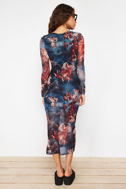 TRENDYOLMILLA Cok Renkli Bisiklet Yaka Bask?l? Astarl? Vucuda Oturan Tul Midi Orme Orme Elbise TWOAW24EL00605 фото 5