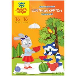 Цветной картон Мульти-Пульти А4 16л. 16цв. (КЦ16-16цдв_31578) двухсторонний, мелованный, в папке