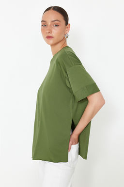Haki %100 Pamuk Duble Kol Asimetrik Boyfriend Orme T-Shirt TWOSS20TS0828