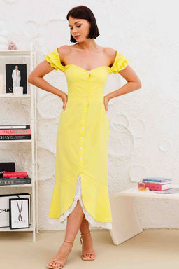 Платье AURA 3265-164-Р лимонный+молочное кружево