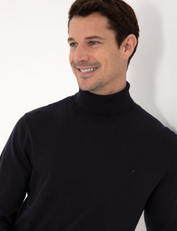 Lacivert Slim Fit Pamuk Kar___ml_ Bal_k__ Yaka Basic Triko Kazak