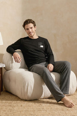 Siyah Regular Fit Bask?l? Orme Pijama Tak?m? TMNAW26PT00081