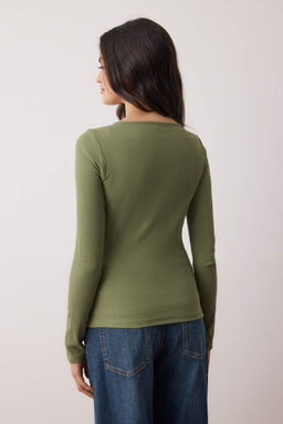 Haki Dugmeli Bisiklet Yaka Vucuda Oturan Fitilli Esnek Orme Bluz TWOAW26BZ00104