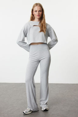 Gri Melanj Wide Leg/Ispanyol Paca Yuksek Bel Interlok Esnek Orme Pantolon TWOAW25PL00006