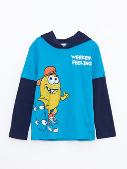 Kap??onlu Bask?l? Uzun Kollu Pamuklu Erkek ?ocuk Ti??rt