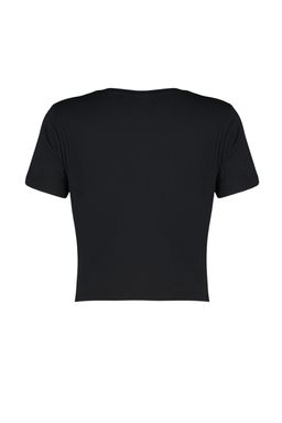 Siyah %100 Pamuk Slogan Bask?l? Crop Bisiklet Yaka Orme T-Shirt TWOSS23TS00125