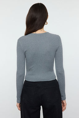 Trendyolmilla Siyah-Haki 2li Paket Fitted/Vucuda Oturan Bisiklet Yaka Crop Fitilli Esnek Orme Bluz TWOAW22BZ0331  фото 4