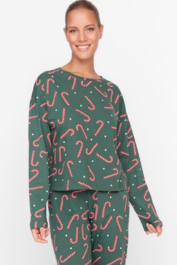 Yesil %100 Pamuklu Y?lbas? Temal? Orme Pijama Tak?m? THMAW21PT0771