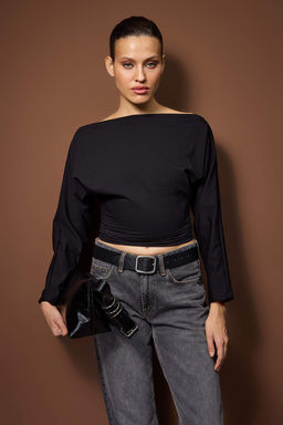 Siyah Regular/Normal Kal?p Dusuk Omuzlu Orme Sweatshirt TWOAW26SW00254 - Trendyolmilla фото 2