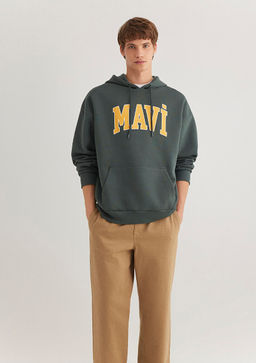 Mavi Logo Bask?l? Kapusonlu Yesil Sweatshirt