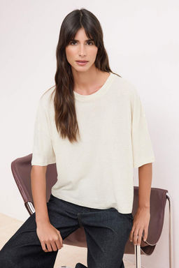 Bej Melanj Relaxed/Rahat Kal?p K?sa Kollu Ketenli Orme T-Shirt TWOSS26TS00093