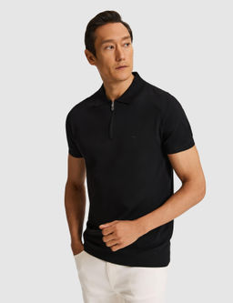 Siyah Slim Fit Fermuarl_ Polo Yaka Triko T-shirt
