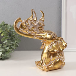 Фигурка полистоун «Слон и 3 слонёнка на хоботе. Индейские узоры», золото, 19.8×10.3×21.5 см