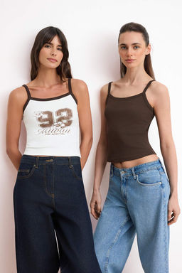 Ekru-Kahverengi Bask?l? Regular Havuz Yaka Ince Ask?l? Kolsuz Interlok Orme Atlet TWOSS26AL00025 - Trendyolmilla фото 2