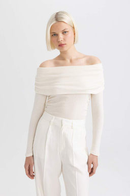 Облегающая повседневная футболка с открытыми плечами в рубчик с длинными рукавами