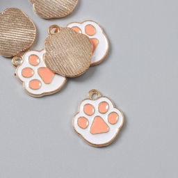 Цена за 6 шт. Металлический элемент, декоративная подвеска «Арт Узор. Кошачья лапка», эмаль, бело-розовый, 1.7×1.5 см