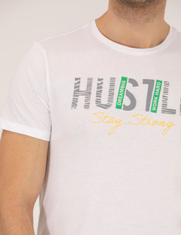 Beyaz Slim Fit Bask_l_ Bisiklet Yaka Ti__rt