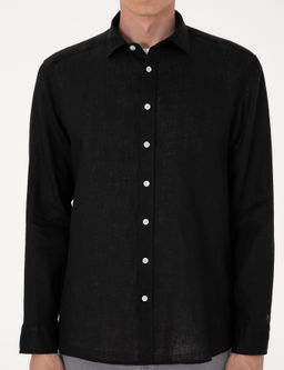 Siyah %100 Keten Regular Fit Uzunkollu G_mlek