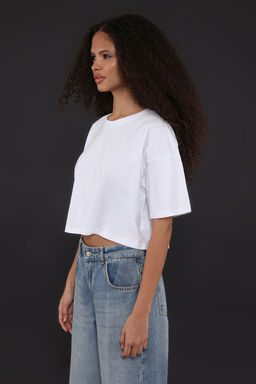 Beyaz %100 Kal?n Pamuklu Premium Crop Bisiklet Yaka Orme T-Shirt TWOSS23TS00038