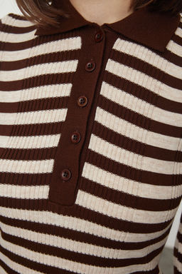 Kahverengi Polo Yaka Basic Cizgili Fitted/Vucudu Saran Triko Kazak TWOAW25KZ00349 - Trendyolmilla фото 4