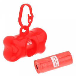 Диспенсер с пакетами для уборки за собакой Кость 8х4,3х3,5см, пластик, с карабином, пакет ПП 30,5х21,5см 2 рулона по 15шт, цвета микс (синий, розовый, красный), в пакете, Pet garbage bag (Китай)