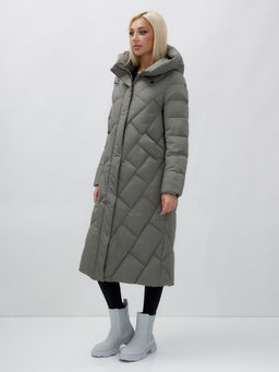 Пальто утепленное стеганное зимнее с капюшоном женское цвета хаки 9612Kh - Mtforce фото 3