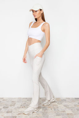 Ekru F?rcal? Soft Kumas Reflektor Bask?l? Ispanyol Paca Yoga Orme Spor Tayt THMAW24TY00066