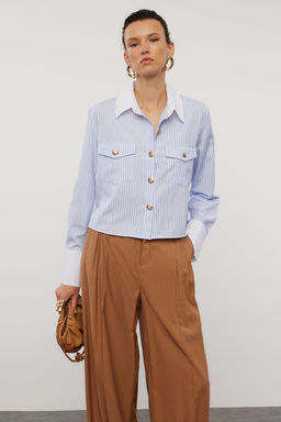 TRENDYOLMILLA Mavi Metal Dugme Detayl? Yaka ve Kol Detayl? Cizgili Regular Kal?p Dokuma Gomlek TWOAW25GO00023 фото 2