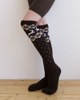 Теплые гольфы из монгольской шерсти темно-коричневые с рисунком