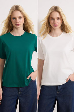Zumrut Yesili-Ekru %100 Pamuk Bisiklet Yaka 2li Paket Orme T-Shirt TWOSS20TS0141