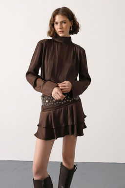 Kahverengi Kemerli Saten Mini Ici Sortlu Boho Etek TWOSS26ET00155 - Trendyolmilla фото 3