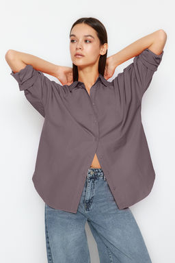 TRENDYOLMILLA Ac?k Mavi Pamuklu Oversize Genis Kal?p Dokuma Gomlek TWOSS22GO0669 фото 11