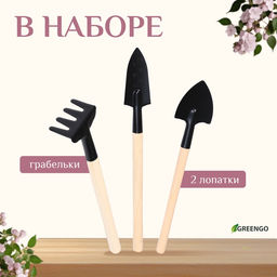 Цена за 3 шт. Набор садового инструмента для комнатных растений, 3 предмета: грабли, 2 лопатки, длина 24 см, деревянные ручки, Greengo