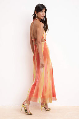 Pembe-Cok Renkli Cicekli Orme Tul Maxi Abiye & Mezuniyet Elbisesi