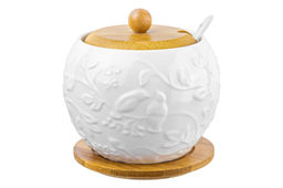 Сахарница 620 мл 12*12*12 см Птички на ветке + ложка + дер. крышка на дер. подставке