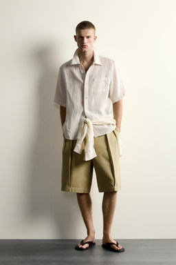 CAMISA JACQUARD RAYAS 100% LINO / Beige