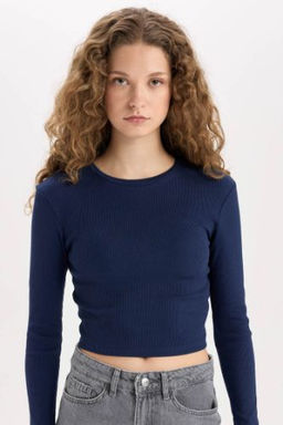 Fitted Bisiklet Yaka Fitilli Kaskorse Basic Duz Uzun Kollu Tisort