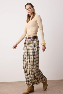 Cok Renkli Ekoseli Kemerli K?r?s?k Dokuma Uzun Maxi Etek TWOAW26ET00174