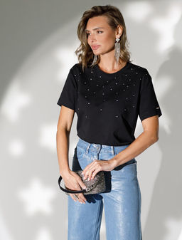 Нарядная футболка с принтом стразами из премиального хлопка с эластаном - Vilatte фото 5