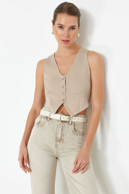 Vizon Dugme Detayl? V Yaka Crop Regular/Normal Kesim Esnek Orme Yelek TWOSS23YE00037