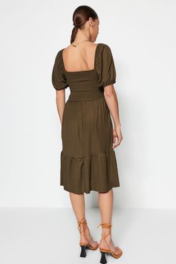 Haki Gipeli Belden Ac?lan/Skater Kare Yaka Balon Kol Midi Burumcuk Orme Elbise TWOSS22EL1088