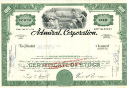 Сертификат передаточный на 100 акций Admiral Corporation 1967 года (США)