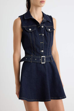 Koyu Mavi G_mlek Yaka Kemer Detayl_ K_sa Denim Elbise TWOAW27EL00031 - Trendyolmilla фото 3