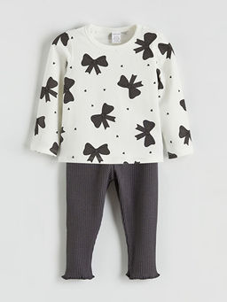 Bisiklet Yaka Fiyonk Bask?l? K?z Bebek Ti??rt ve Tayt