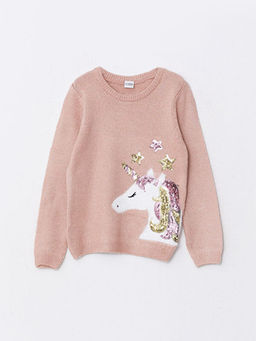 Bisiklet Yaka Desenli Uzun Kollu K?z ?ocuk Triko Kazak