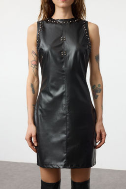 Siyah Suni Deri Troklu Fitted/Vucuda Oturan Mini Dokuma Elbise TWOAW25EL00419 - Trendyolmilla фото 3